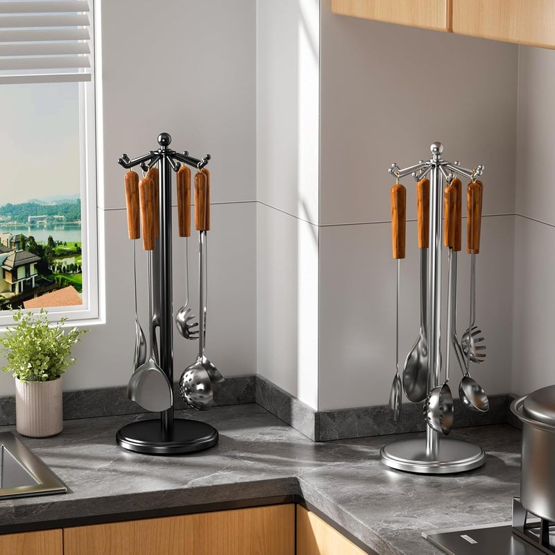 MAYZOLOP Kitchen Countertop Utensil Holder, Stainless Steel Rotatable Cooking Utensils Holder with 8 Rotating Hooks, Hanging Organizer for Spoon, Spatula, Black - Image 5